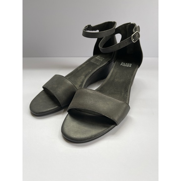 Eileen Fisher Mara Tumbled Leather Wedge Sandals Women’s Size 8.5 - Picture 1 of 6